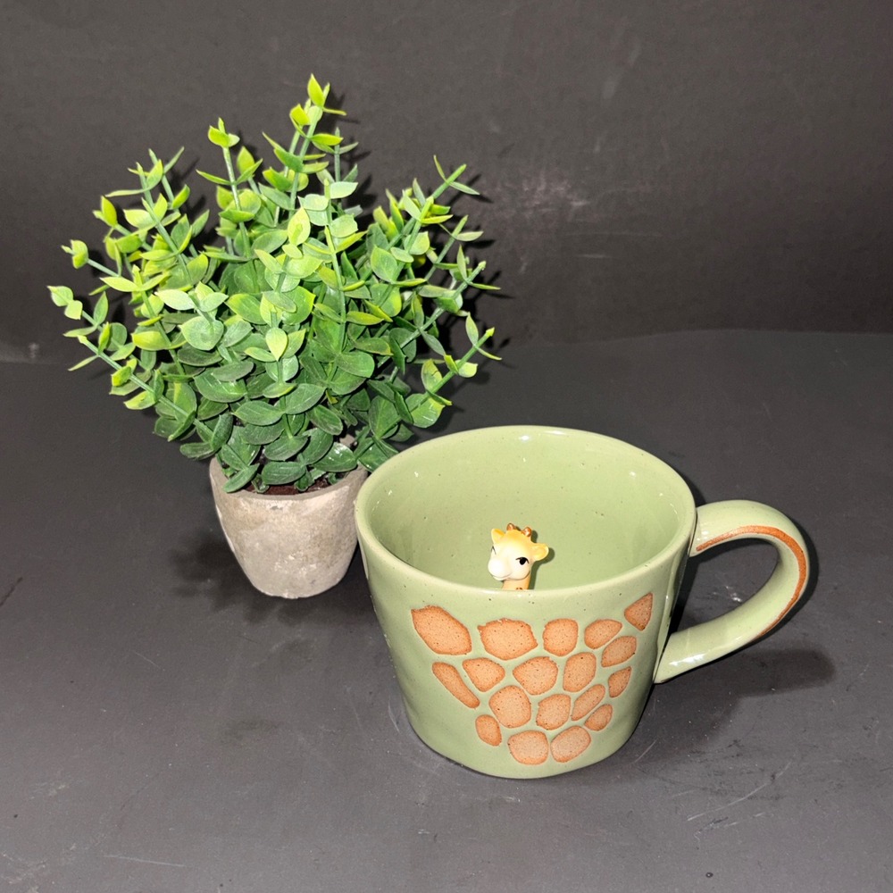 Hidden 3D Giraffe Ceramic Coffee Mug Sage Green Safari Surprise Cup